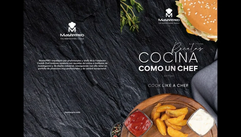 Portada del recetario de cocina gratuito para la freidora de aire MasterPRO, cocina como un chef